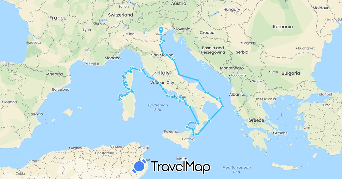 TravelMap itinerary: driving, boat in France, Italy (Europe)